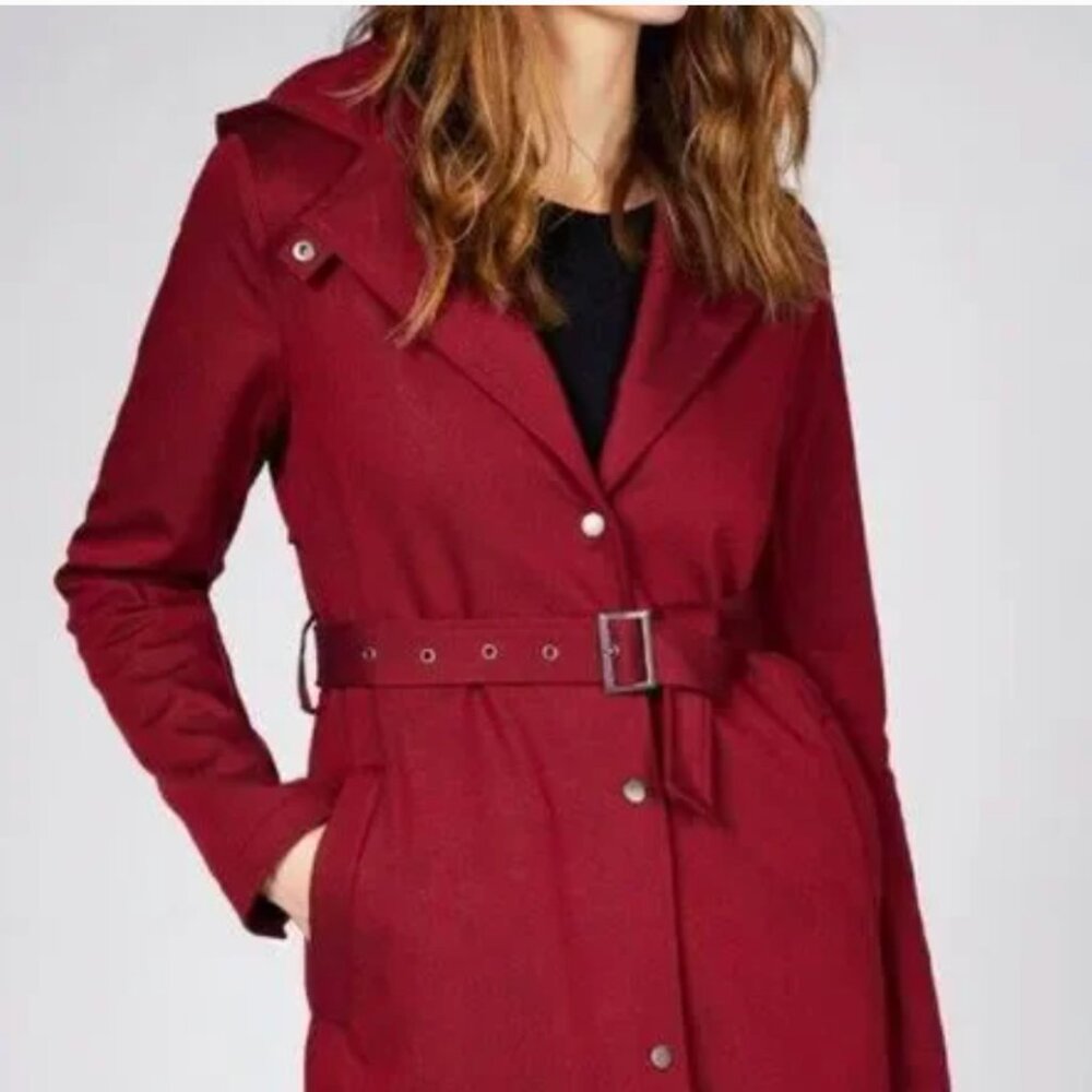 Mia Melon Belted Raincoat - Red, Size Small
